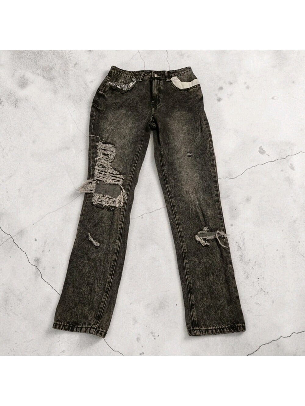 Flamingo High Waisted Distressed Mom Jeans Acid Wash Black Gray Ripped Sz M